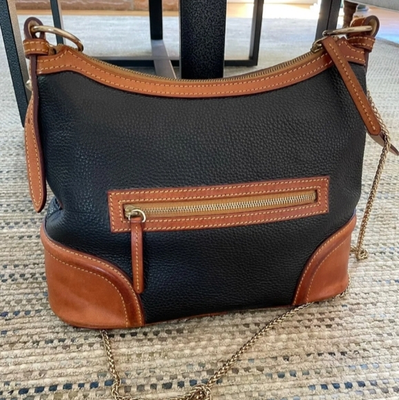 DOONEY & BOURKE Large Pebbled Leather Crossbody Bag w/ Gold Chain Strap Blue Tan - Picture 5 of 12